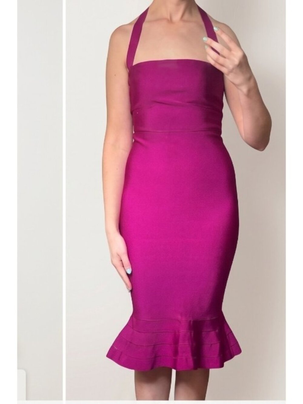 Akira Halter Neck Peplum Mermaid Bandage Cocktail Dress Magenta L